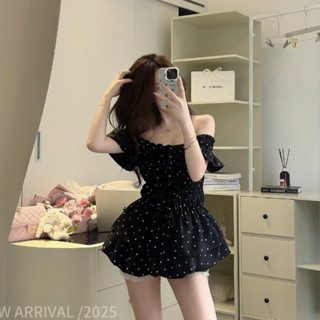 set bộ nữ áo chấm bi trễ vai mix quần váy viền ren trắng đen LANLAN