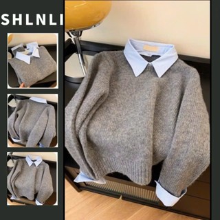 Áo len nữ dệt kim phối cổ sơ mi form vừa, áo hàng QCCC phong các Hàn Quốc