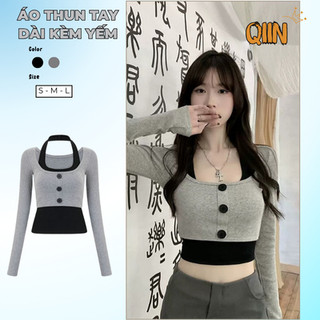 Set Áo Croptop Tay Dài Cổ Chữ U Kèm Áo Yếm Bên Trong Thời Trang Nữ A14 [QIIN BOUTIQUE]