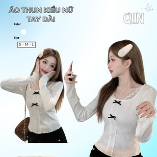  Áo Thun Dài Tay Cổ Vuông Chữ U Phối Viền Ren Đính Nơ Phong Cách Tiểu Thư Hàn Quốc A151 
