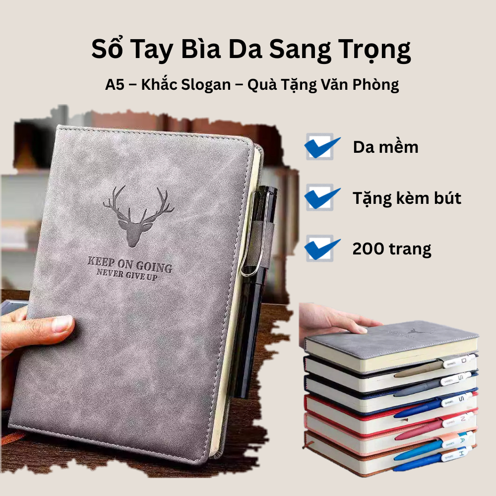 Sổ Tay Bìa Da A5 Sang Trọng – 200 Trang – Tặng Kèm Bút – Khắc Logo KEEP ON GOING, Quà Tặng Văn Phòng