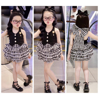 Bộ chân váy 5 tầng karo bồng bềnh + áo vét đen phối nơ cho bé gái