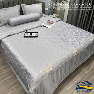 Bộ chăn ga gối lụa Genji Decor chất liệu gấm thượng hạng thêu hoa màu ghi