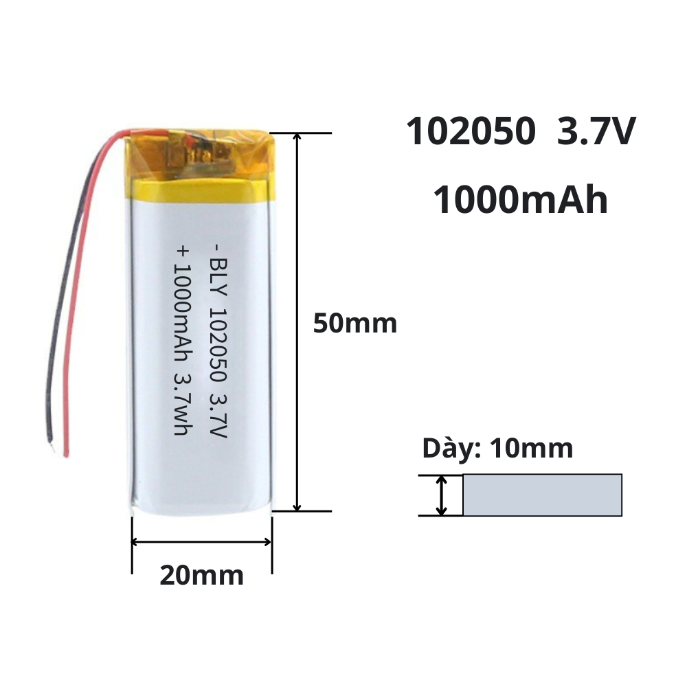 Pin sạc 3.7V 102050 1000mAh cho tai nghe, Loa, thiết bị điện tử