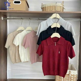 Áo polo len cộc tay thêu họa tiết ngựa, áo dệt kim co giãn tôn dáng