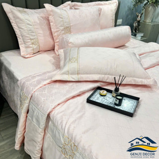 Bộ chăn ga gối cao cấp Genji Decor chất liệu lụa gấm thêu hoa màu hồng
