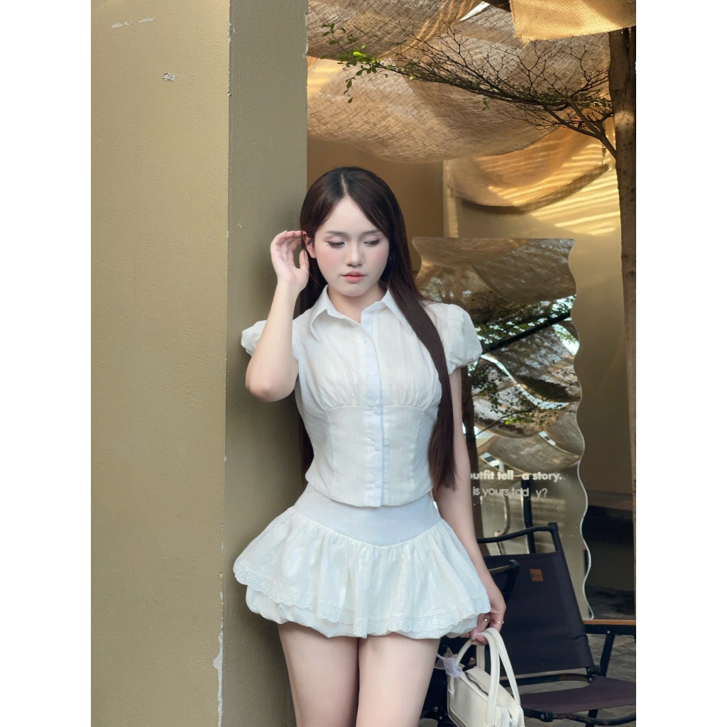 Set áo sơ mi tay bồng + Quần bí giả váy HH106 HaLuu Store phong cách năng động trẻ trung cho nữ | BigBuy360 - bigbuy360.vn