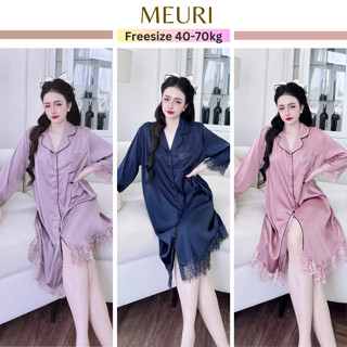   Kèm quần  Đầm ngủ sơ mi lụa bigsize MEURI đầm suông pijama mặc nhà tay lỡ chất latin trơn phối ren mềm mại 40-65kg 