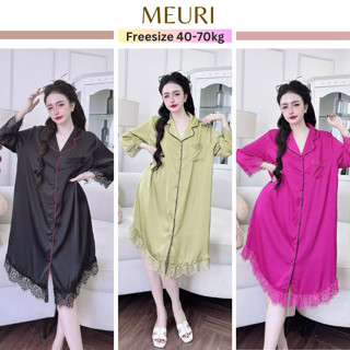   Kèm quần  Váy ngủ sơ mi lụa MEURI đầm mặc nhà pijama form suông rộng chất liệu lụa latin mềm mượt thoáng mát 
