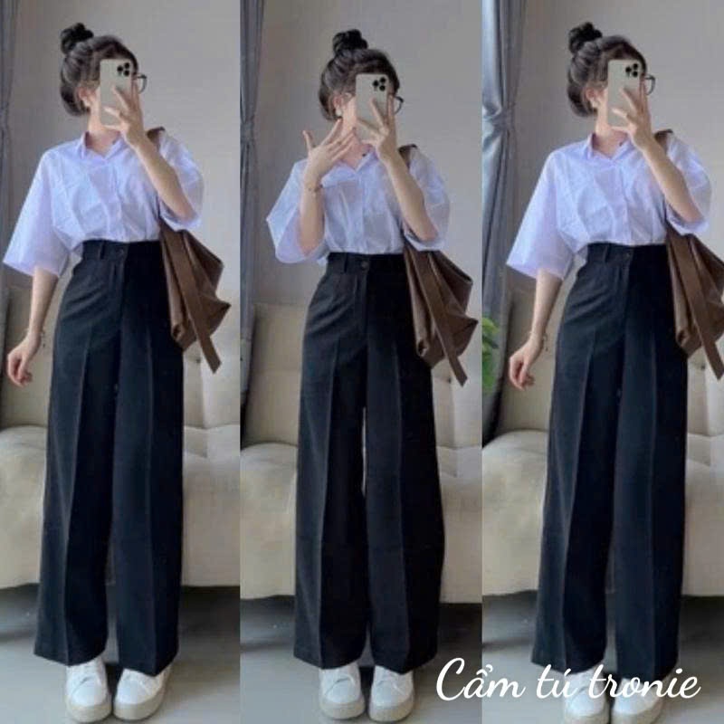 Quần tây ống rộng đi học lưng cao dáng dài màu đen