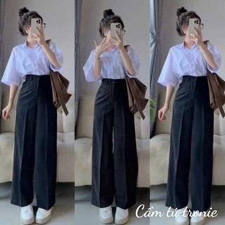 Quần tây ống rộng nữ đi học lưng cao chất vải dày dặn 1 2 khuy Quần ống suông đen công sở dáng dài khóa kéo mặc học sinh