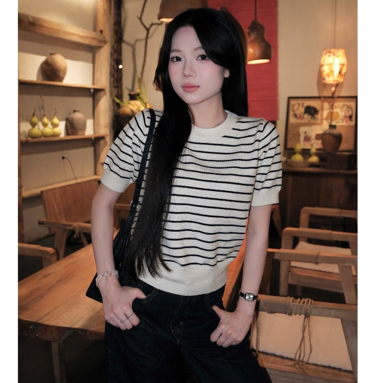 (BST hè HTIQUE) Áo len kẻ ngang basic, Áo len dệt kim nhẹ nhàng dễ phối đồ HT27 | BigBuy360 - bigbuy360.vn