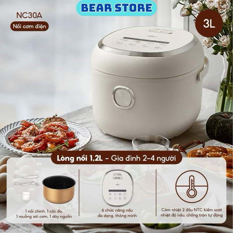 Nồi Cơm Điện Tử Bear 3L(Lòng Nồi 1.2L Dày 5 Lớp) Phím Cơ Đa Chức Năng Hẹn Giờ Lên Đến 12 Tiếng SB-NC