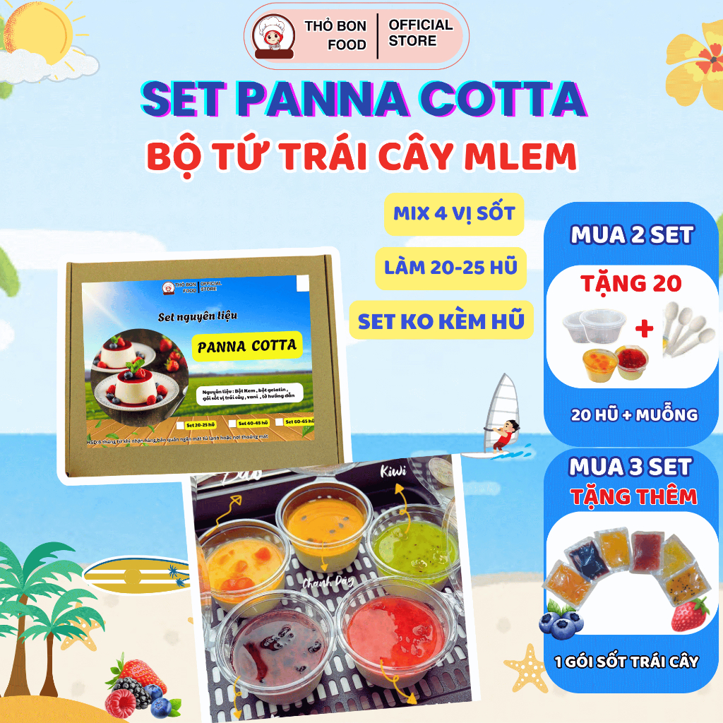 [Siêu Sốt] Set Làm Panna Cotta Mix 4 Vị Trái Cây 200g Sốt - Bộ Tứ Mlem Ngon Mát - Làm 20–25 Hũ 60ml