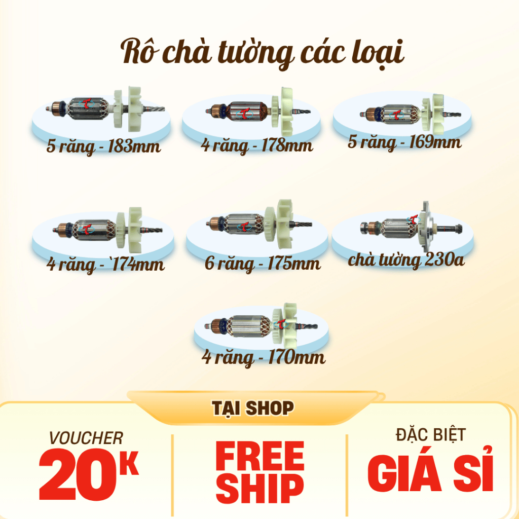 Rotor chà tường 4 răng dài 170, 5 răng dài 183mm, 4 răng dài 178, 5 răng dài 169, 6 răng dài 175mm