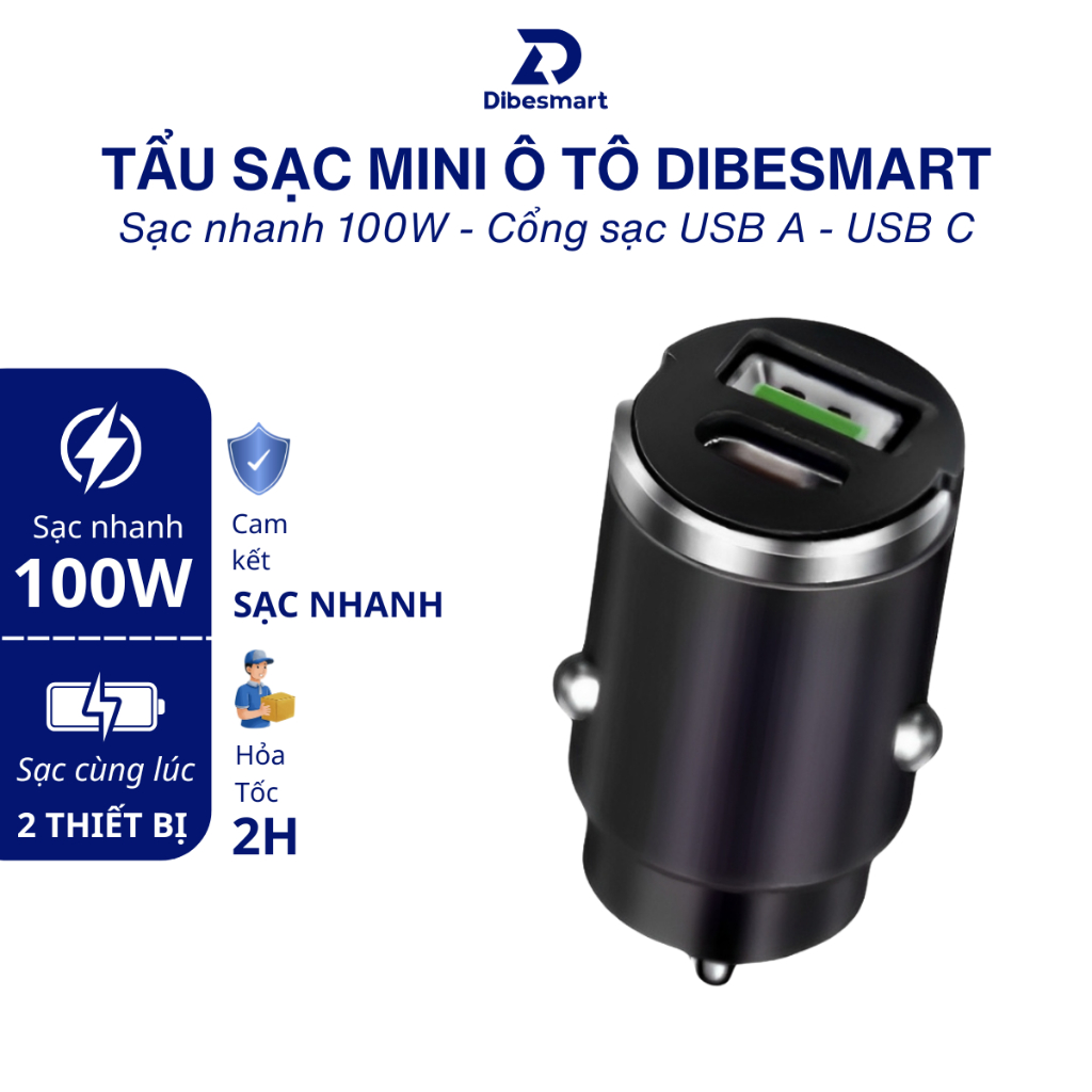 Tẩu sạc nhanh ô tô mini 100W DIBESMART, tẩu sạc có 2 đầu ra USB, Type C, thiết kế dạng ẩn nhỏ gọn, t