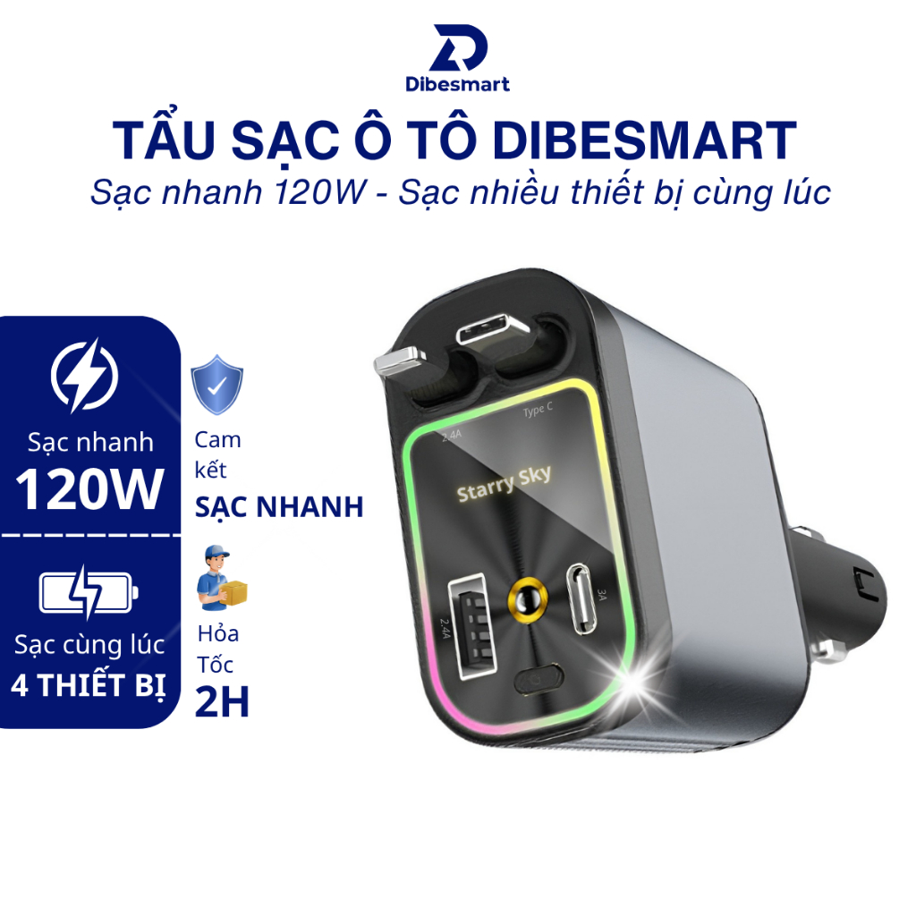 Tẩu sạc nhanh ô tô 120W DIBESMART, tẩu sạc ô tô thiết kế 4 trong 1, hỗ trợ sạc siêu nhanh, hiển thị 