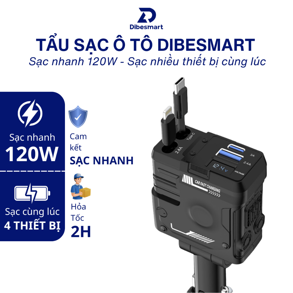 Tẩu sạc nhanh ô tô 120W DIBESMART, tẩu sạc ô tô thiết kế 4 trong 1, hỗ trợ sạc cho nhiều thiết bị cù