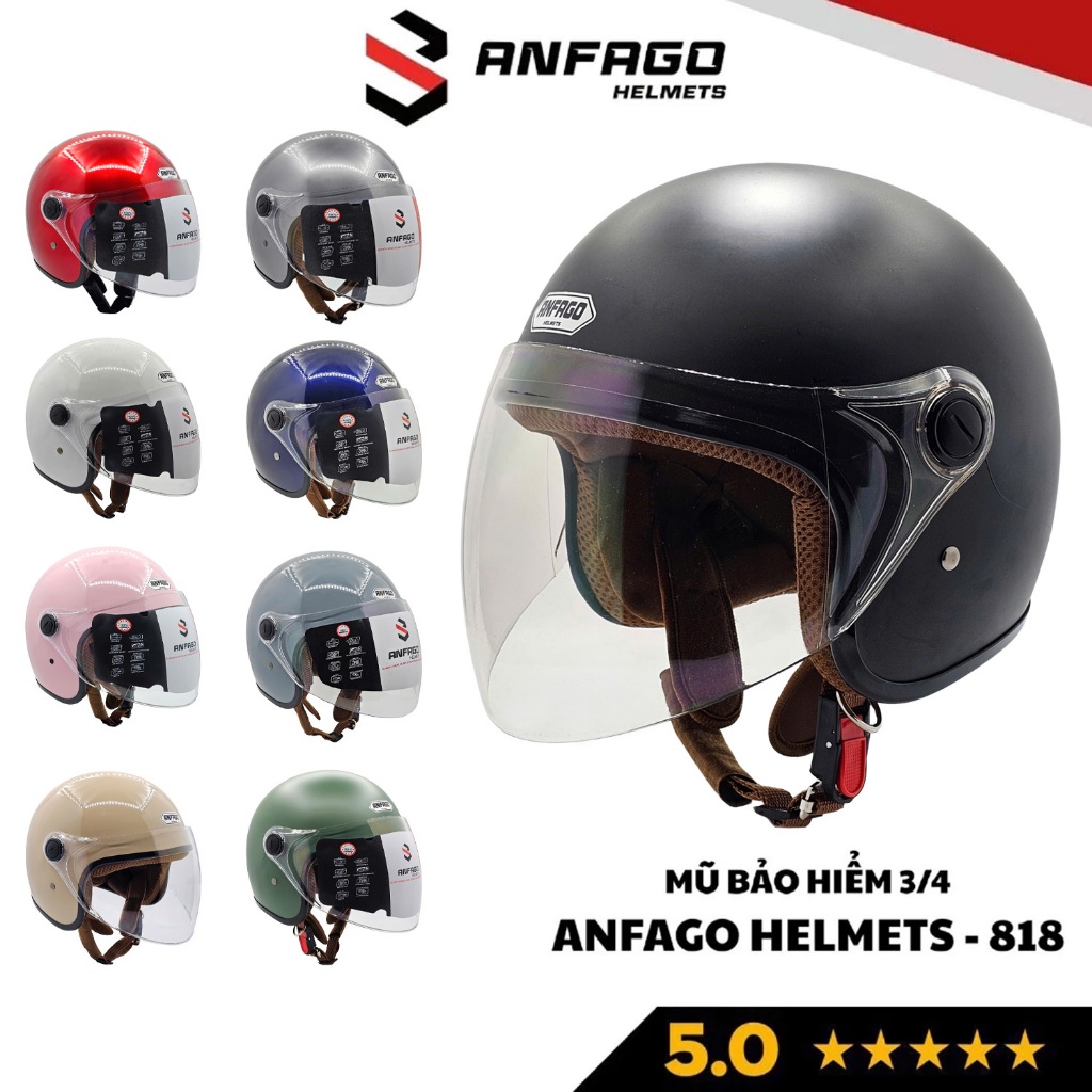 Nón bảo hiểm 3/4 đầu ANFAGO HELMETS 818 có kính dài che cả mặt, an toàn, nhiều màu cho cả nam và nữ