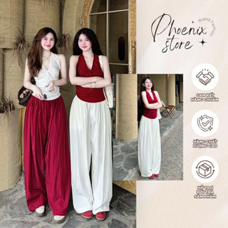 Set Bộ Áo Thun Ôm Sát Nách Cổ Xoắn Phối Quần Ồng Rộng Thô Gió Nhăn Thích Hợp Đi Dạo, Đi Chơi