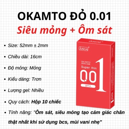 Bao cao su Siêu mỏng JUNCAI 001 Okamto Superthin Red Trơn mịn Công nghệ Nhật Bản Hộp 10 bao size 52m