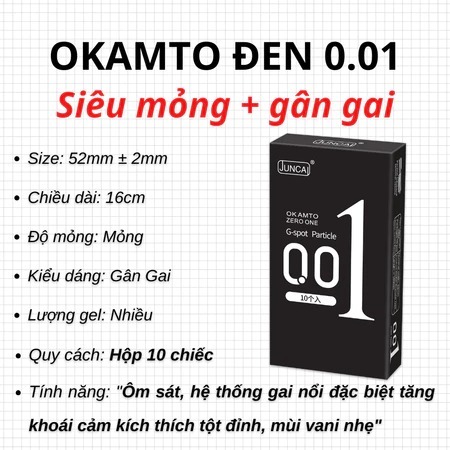 Bao cao su Siêu mỏng JUNCAI 001 Okamto G-Spot Black Gai liti Công nghệ Nhật Bản Hộp 10 bao size 52mm