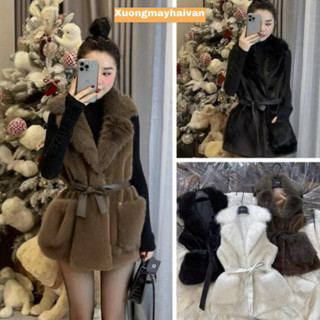  HV -  Áo khoác gile lông thỏ cổ vest kèm dây da buộc eo 2 lớp hàng quảng châu cao cấp 3 màu size M L 
