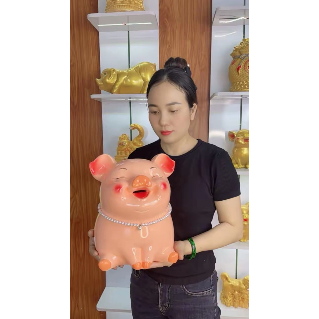  Heo Đất Lợn Hồng Tiết Kiệm Vàng Ngậm Tiền Heo Tai Cụp 35cm Hecube Vòng Cổ Ống Đựng Tiền Két Sắt 