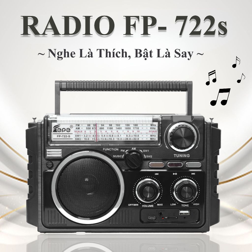 Đài Radio FP-722S Pin Năng Lượng Mặt Trời, Nhiều Chức Năng, 2 Ăng Ten, Bắt Sóng Mạnh, 2 Tấm Pin Năng