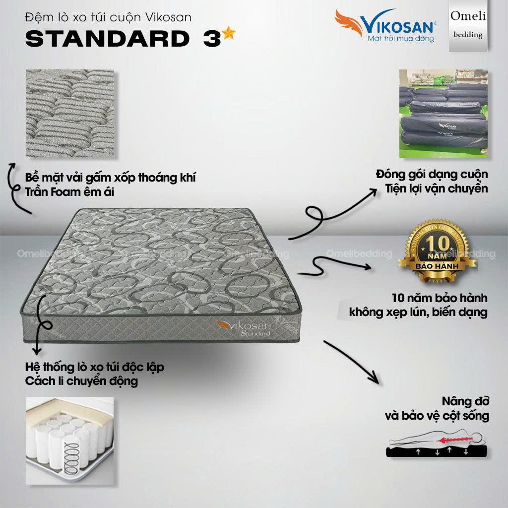 Lò xo VIKOSAN STANDARD 3 sao dày 22cm-Đệm lò xo túi cuộn, túi độc lập trần Foam Vikosan chính hãng.