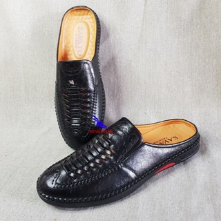  Giày Sục Nam Da Bò ĐẸP Đế Khâu Dép SaBo Nam Bít Mũi Rọ nam Hở gót đục lỗ mùa hè thoáng khí R-3 màu đen 