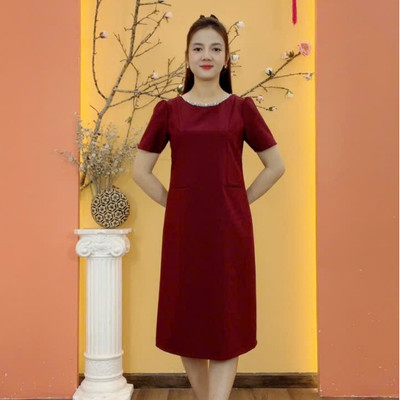 Đầm suông - Cổ tròn kết cườm ngọc tay ngắn - Màu Đỏ - TTV1935