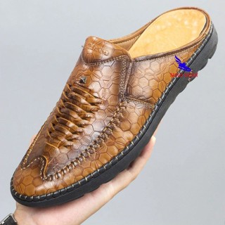  Giày Sục Nam Da Bò ĐẸP Hàng hiệu đế khâu Dép SaBo Bít Mũi Rọ nam hở gót mùa hè đục lỗ thoáng khí R-3 màu vàng 02 