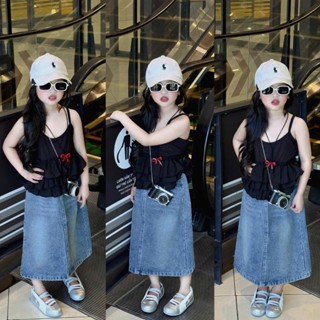  HTND  10 35kg Sét áo 2 dây bèo tầng kèm chân váy jean giặt mềm cho bé gái 