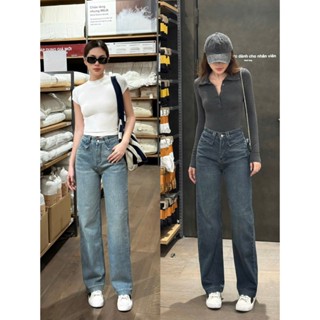 THE QUẠO - Quần Jean Nữ Lưng Cao Ống Suông Phối Kiểu 2 màu  S0107_709 ( Dài 95cm - 100cm - 105cm)