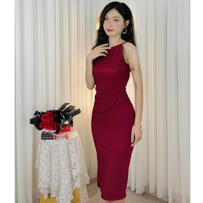 Đầm Dự Tiệc Đỏ Đô Ôm Body Dáng Dài Cổ Thuyền Sang Trọng Xếp Ly Eo Tôn Dáng Chất Thun Co Giãn – MD6