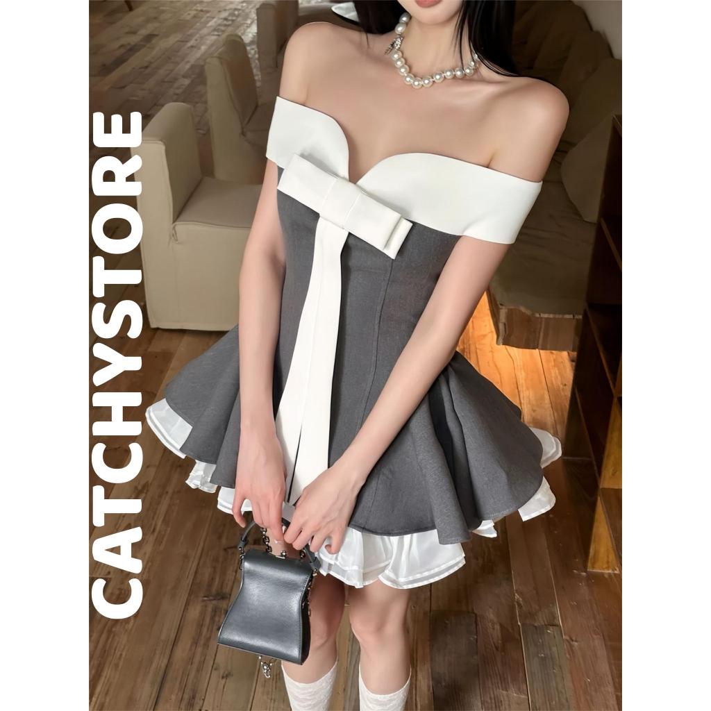 Đầm dự tiệc trễ vai phối nơ ôm eo dáng ngắn xoè viền voan xoăn tôn dáng sang chảnh CATCHYstore phong cách tiểu thư xinh | BigBuy360 - bigbuy360.vn