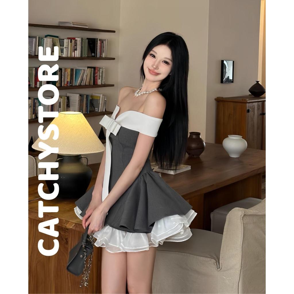 Đầm dự tiệc trễ vai phối nơ ôm eo dáng ngắn xoè viền voan xoăn tôn dáng sang chảnh CATCHYstore phong cách tiểu thư xinh | BigBuy360 - bigbuy360.vn