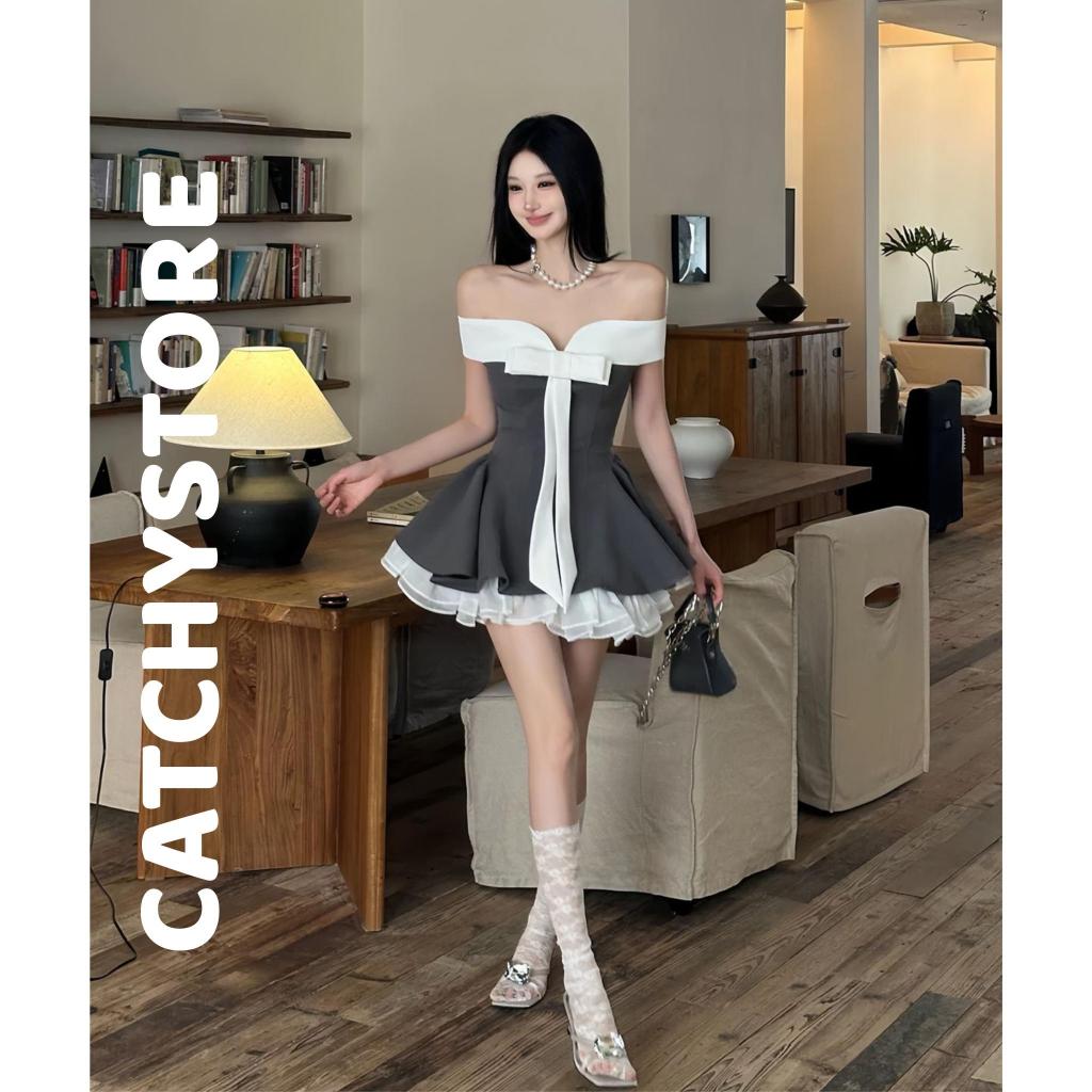 Đầm dự tiệc trễ vai phối nơ ôm eo dáng ngắn xoè viền voan xoăn tôn dáng sang chảnh CATCHYstore phong cách tiểu thư xinh | BigBuy360 - bigbuy360.vn