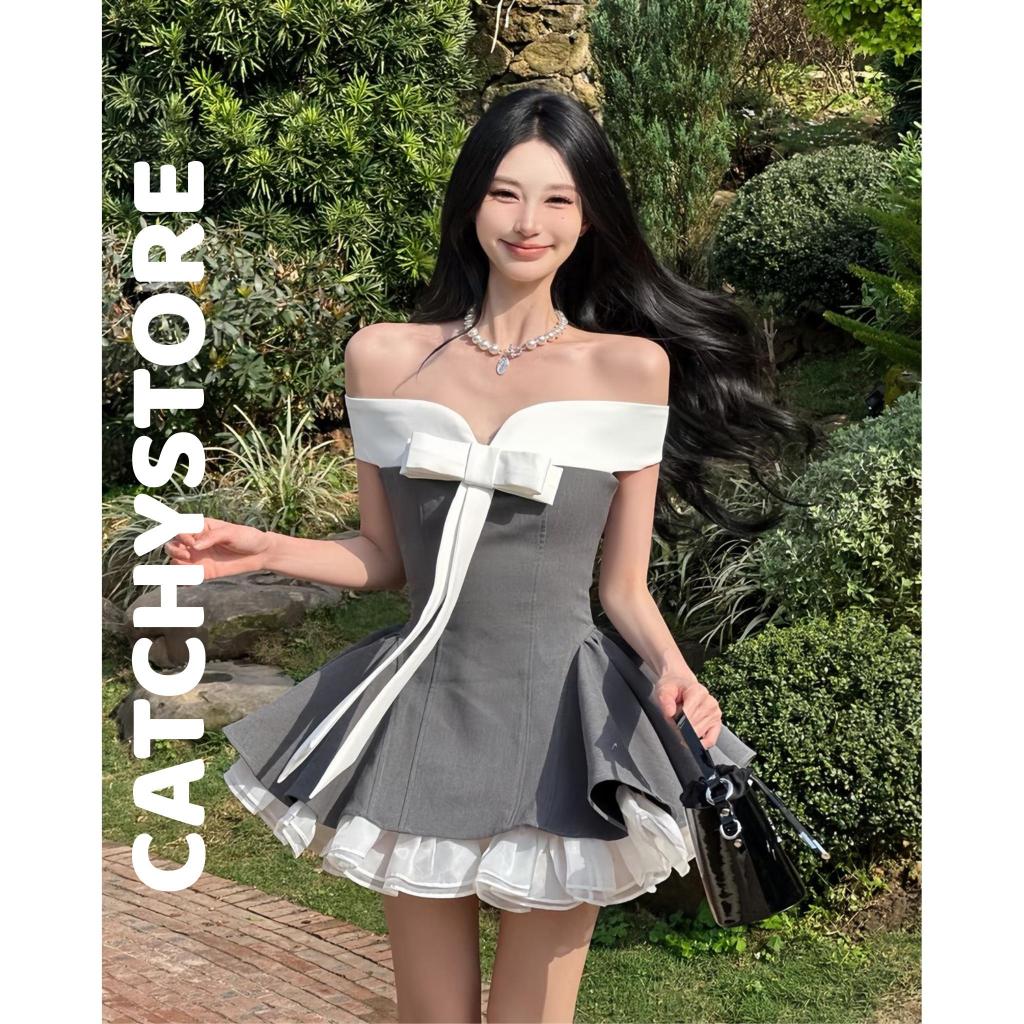 Đầm dự tiệc trễ vai phối nơ ôm eo dáng ngắn xoè viền voan xoăn tôn dáng sang chảnh CATCHYstore phong cách tiểu thư xinh | BigBuy360 - bigbuy360.vn