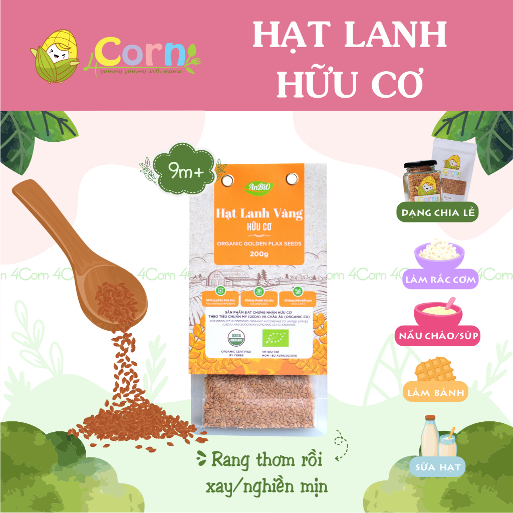 Hạt lanh hữu cơ Anbio - Giàu chất chất oxi hóa - Cho bé 9m+