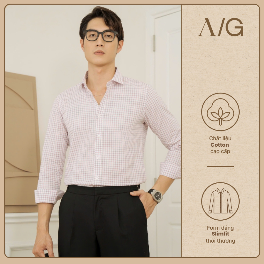 AG865 Áo Sơ Mi Americus Gosani Phối Sọc Caro Màu Hồng