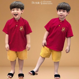  Set bộ sơ mi đũi cổ trụ cộc tay bé trai họa tiết mua Lân trung thu và Tết 9 tới 28kg BERNIE H0525B32 