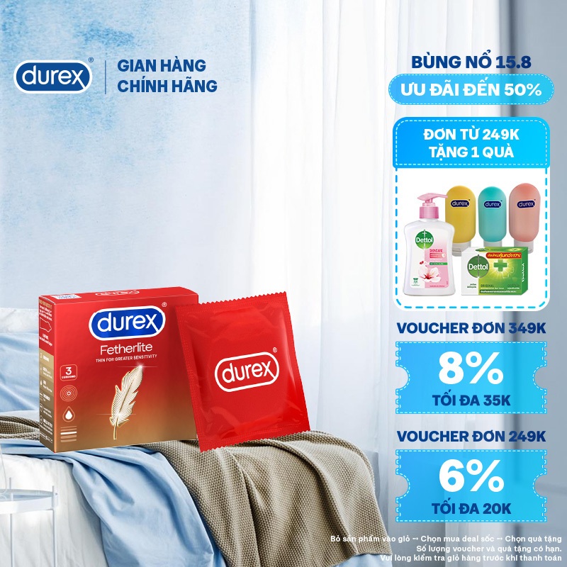 Bao cao su Durex Fetherlite siêu mỏng, size 52.5mm, 3 bao/hộp