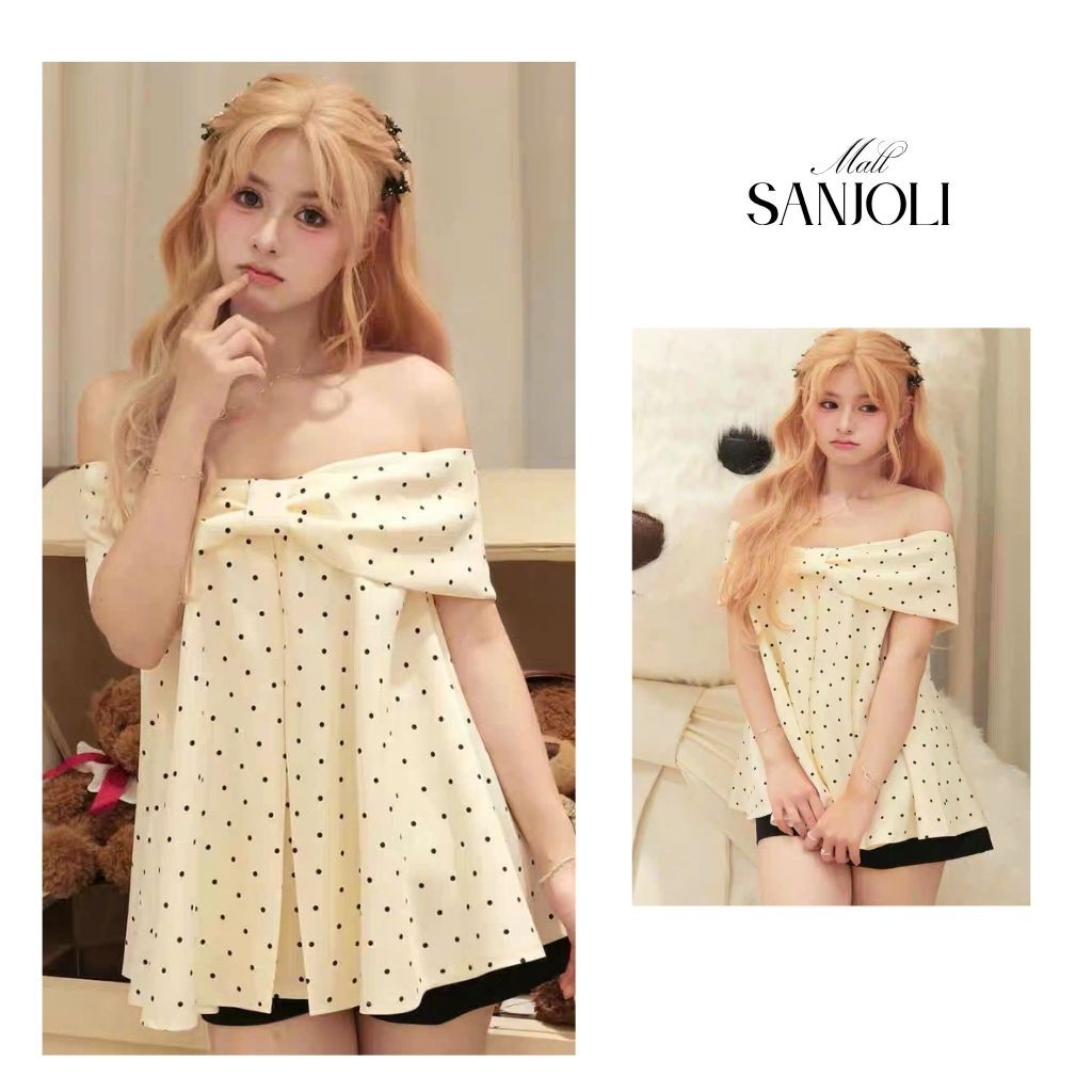 Áo Trễ Vai Nữ SANJOLI Áo Xinh Tiểu Thư Chấm Bi Dáng Xòe Babydoll Nữ Tính Sang Chảnh AO004