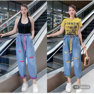  Quần Jean Baggy Nữ Lưng Thun Cạp cao Chất jean Dày Dặn  Mềm Nhẹ Có Sezi 40 - 75kg 