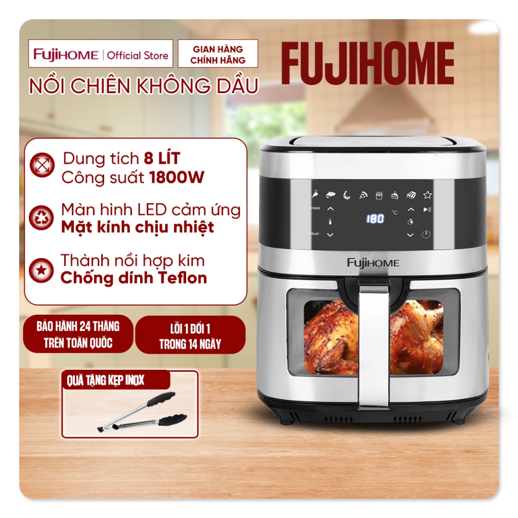 Nồi chiên không dầu 10L nhập khẩu Fujihome, nồi chiên điện tử 10 Lít màn LCD cảm ứng 8 chế độ nấu, tặng kèm kẹp gắp