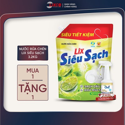 Nước rửa chén LIX 3.2KG siêu sạch hương chanh loại túi tặng 1 nước lau bếp On1 N6701 tinh dầu chanh Yuzu, N4308+N6701