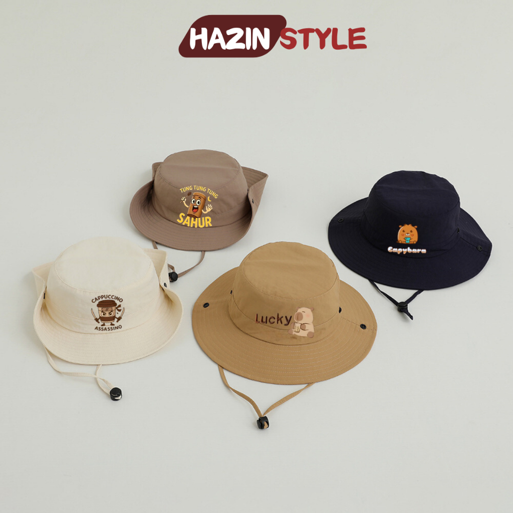 Mũ bucket vành rộng cho bé trai bé gái 3-8 tuổi HAZIN thêu hình Labubu, Capybara, mũ cao bồi cho bé đi học đi chơi