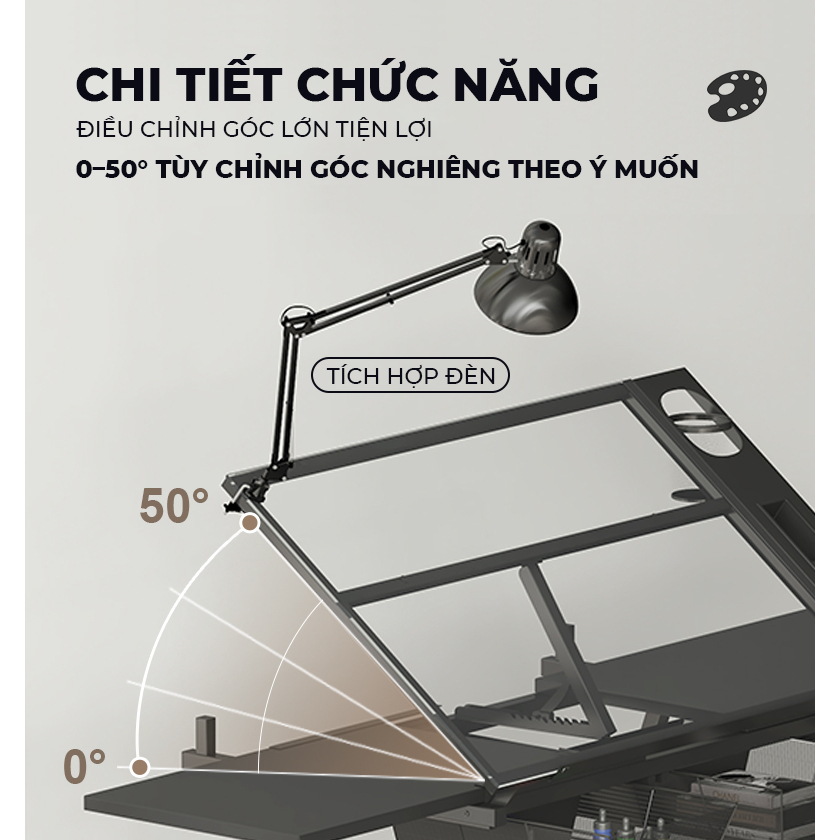 Bàn vẽ kỹ thuật mặt kính cường lực tuỳ chỉnh góc nghiêng kèm đèn kẹp đầy đủ công năng thương hiệu IGA - GN87 | BigBuy360 - bigbuy360.vn
